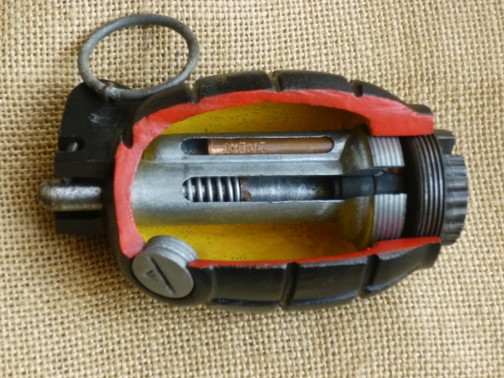 No 36 'Mills' Hand Grenade sectioned to show workings