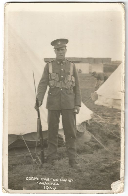 Jim Rideout standing in 1922 pattern prewar uniform and webbing at summer camp Corfe castle 1939 (Jane Munslow)
