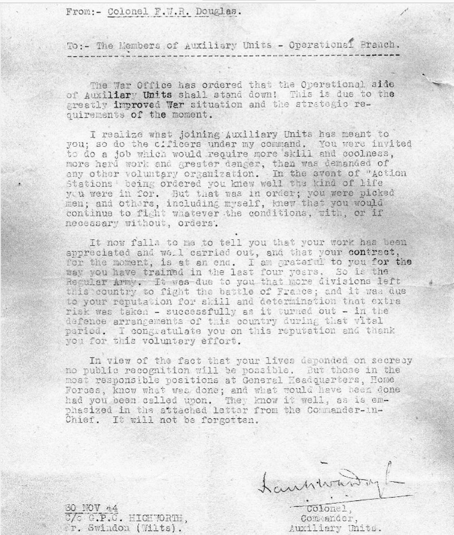 Adin More's copy of the Stand Down letter from Colonel Douglas at Coleshill from 1944
