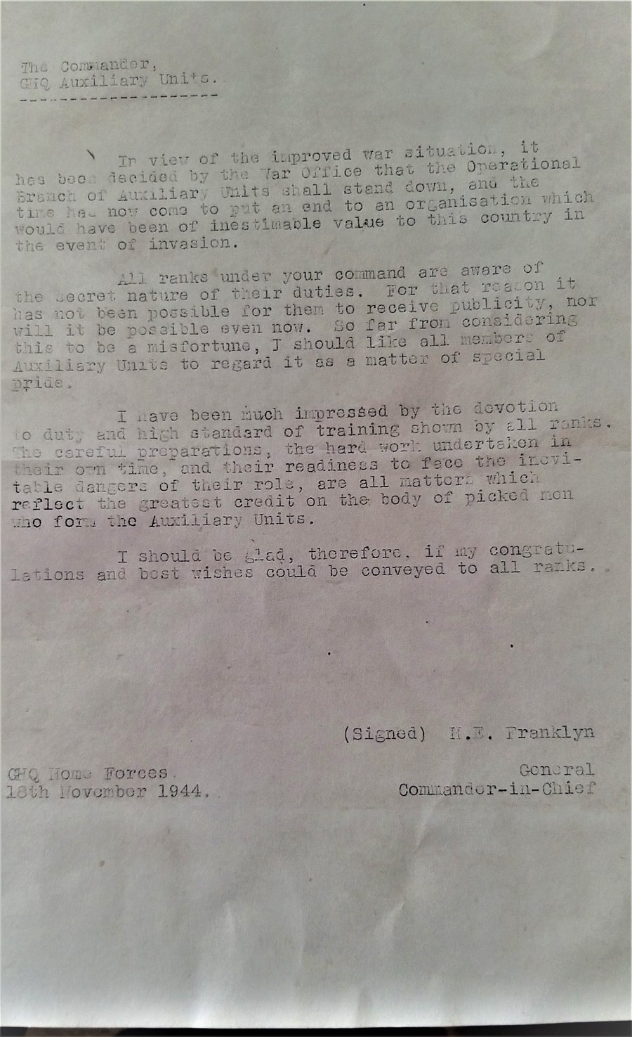 Adin More's copy of the Stand Down letter sent by General Franklyn in 1944