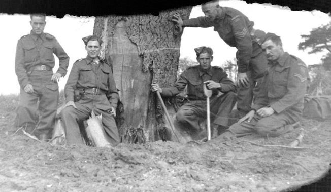 Unknown, one of the Allen brothers, the other Allen brother, Sgt. Dickerson, and probably Cpl. Lynes. Preparing to blow over a tree