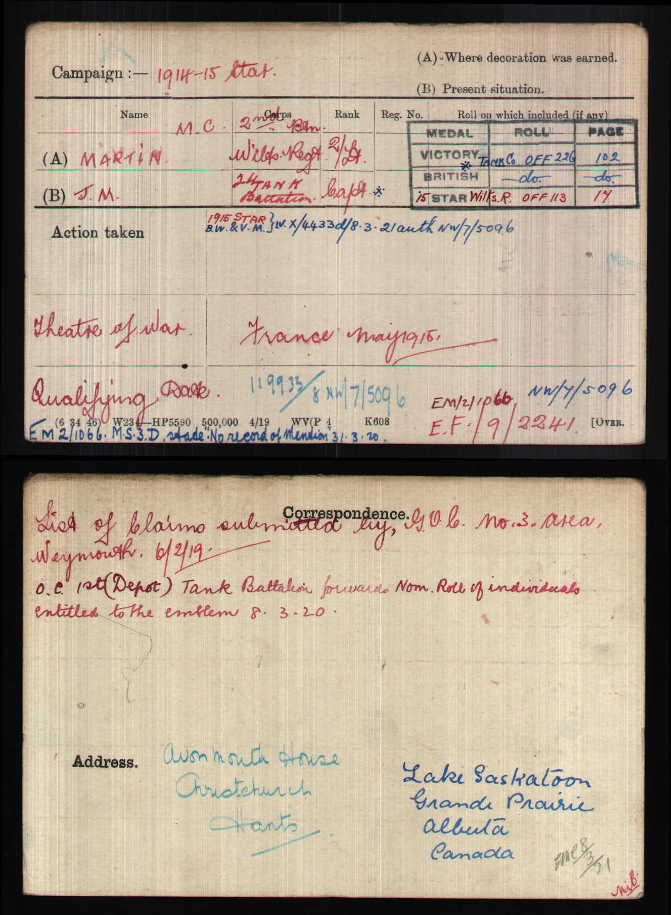 1915 France John Mulgrave Martin Campaign Medal Card
