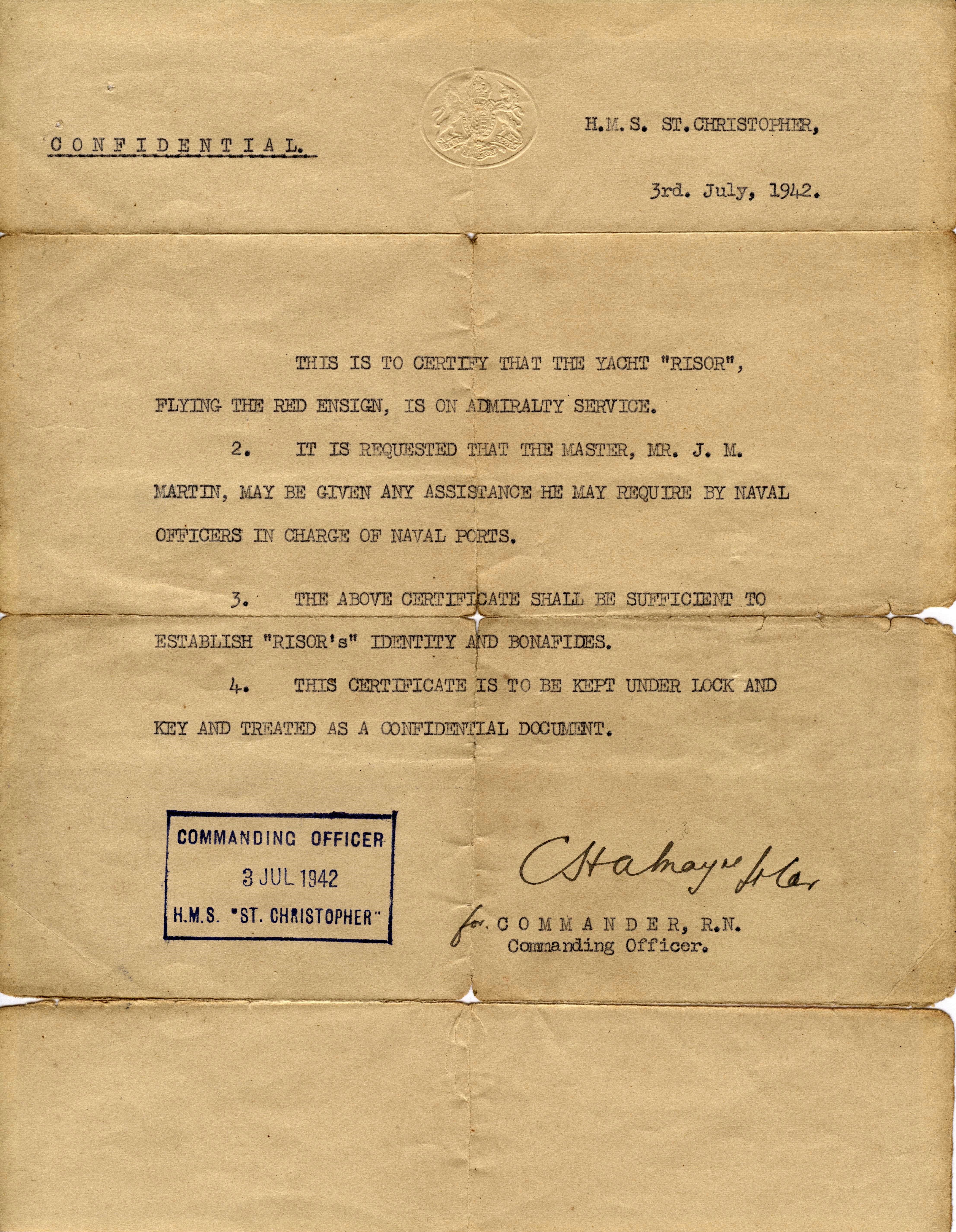 1942 07 03 UK Risor Letter from Admiralty to John Mulgrave Martin