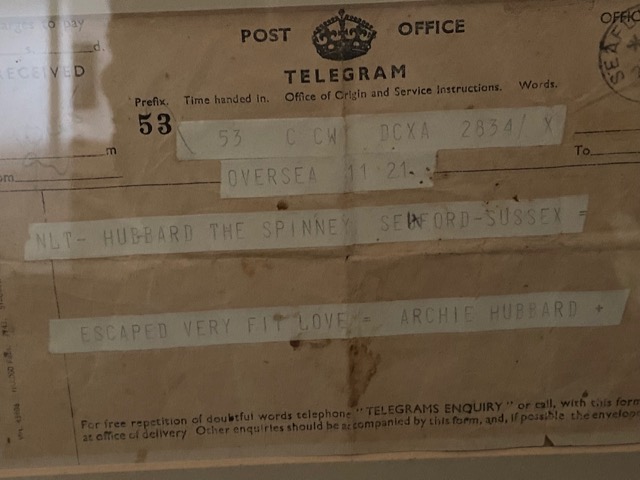 Archibald Hubbard telegram to his mother confirming he was safe after his escape, dated 23 Oct 194