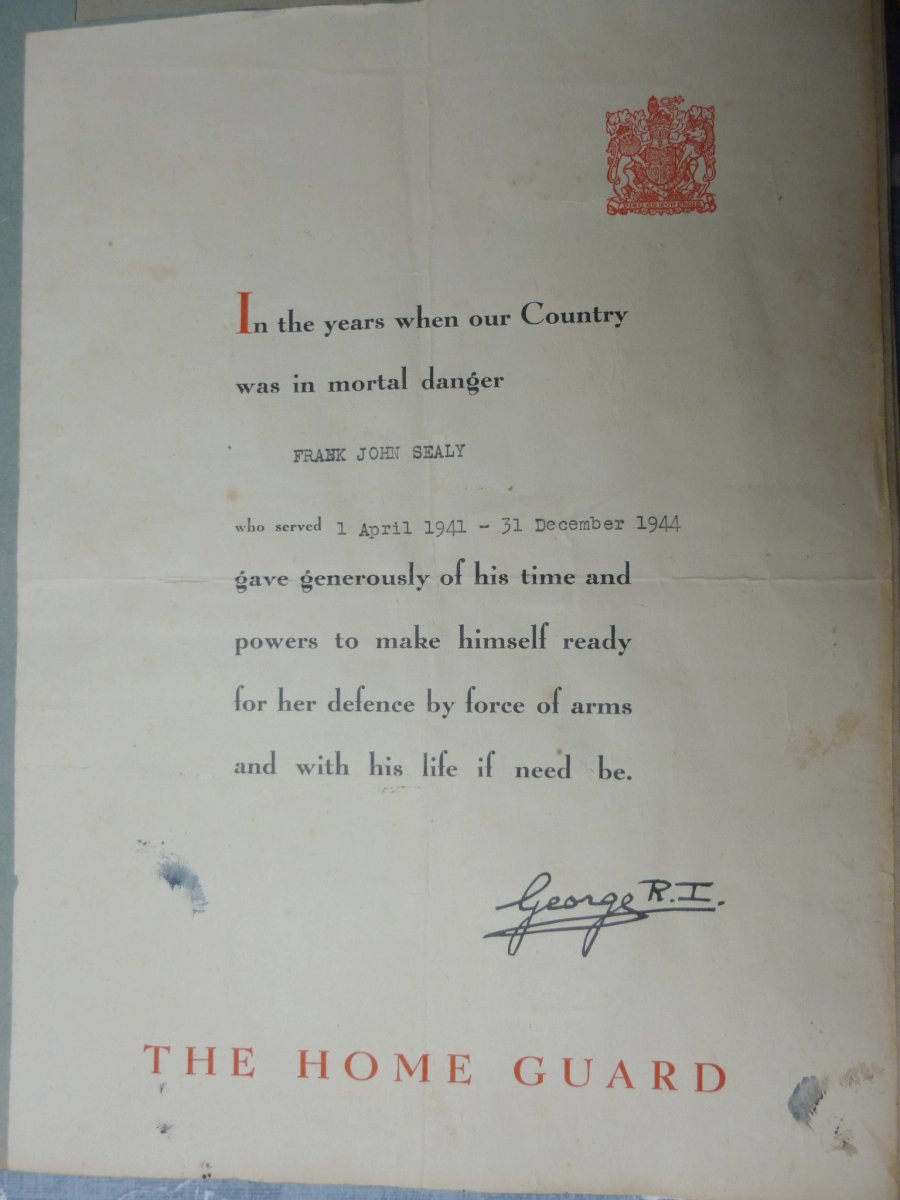 Frank John Sealy Home Guard certificate with service dates
