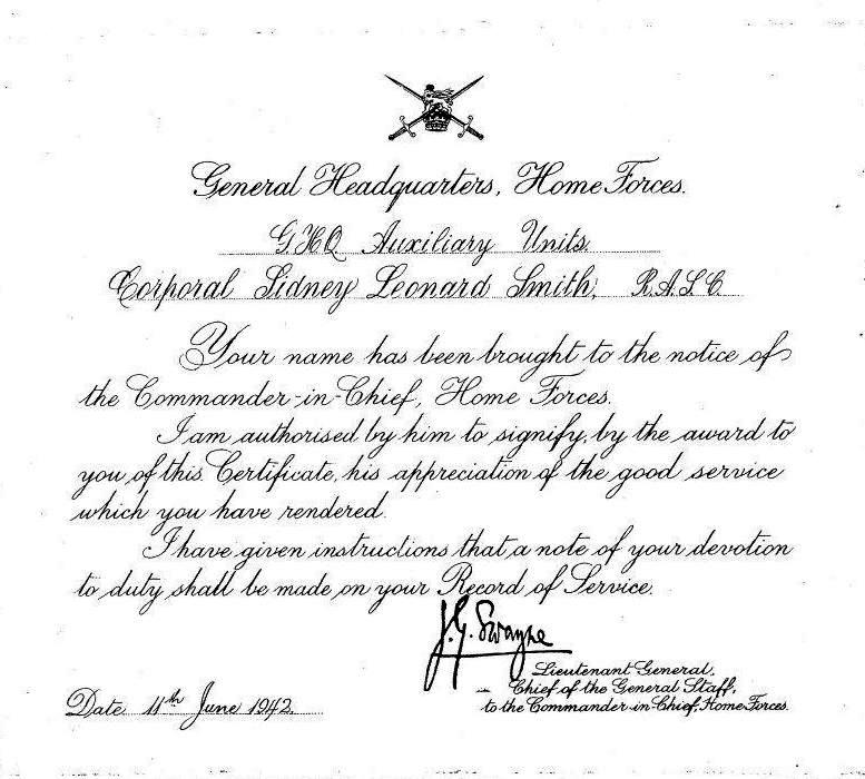 Sidney Leonard Smith Commander in Chief Certificate 1942