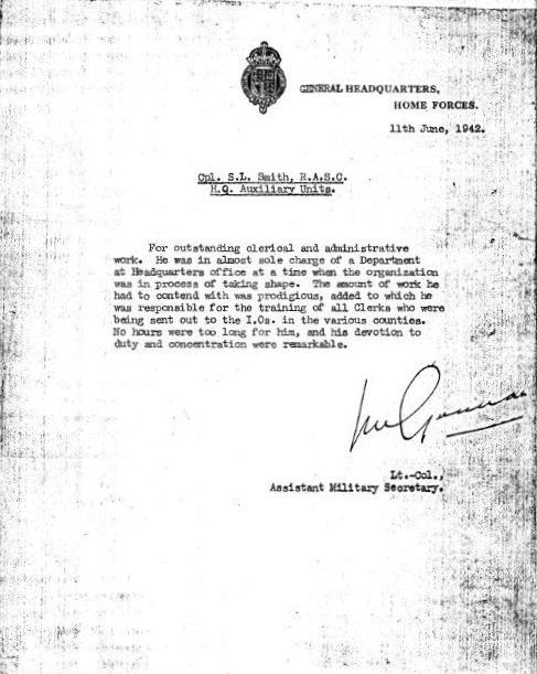 Sidney Leonard Smith RASC certificate letter 1942