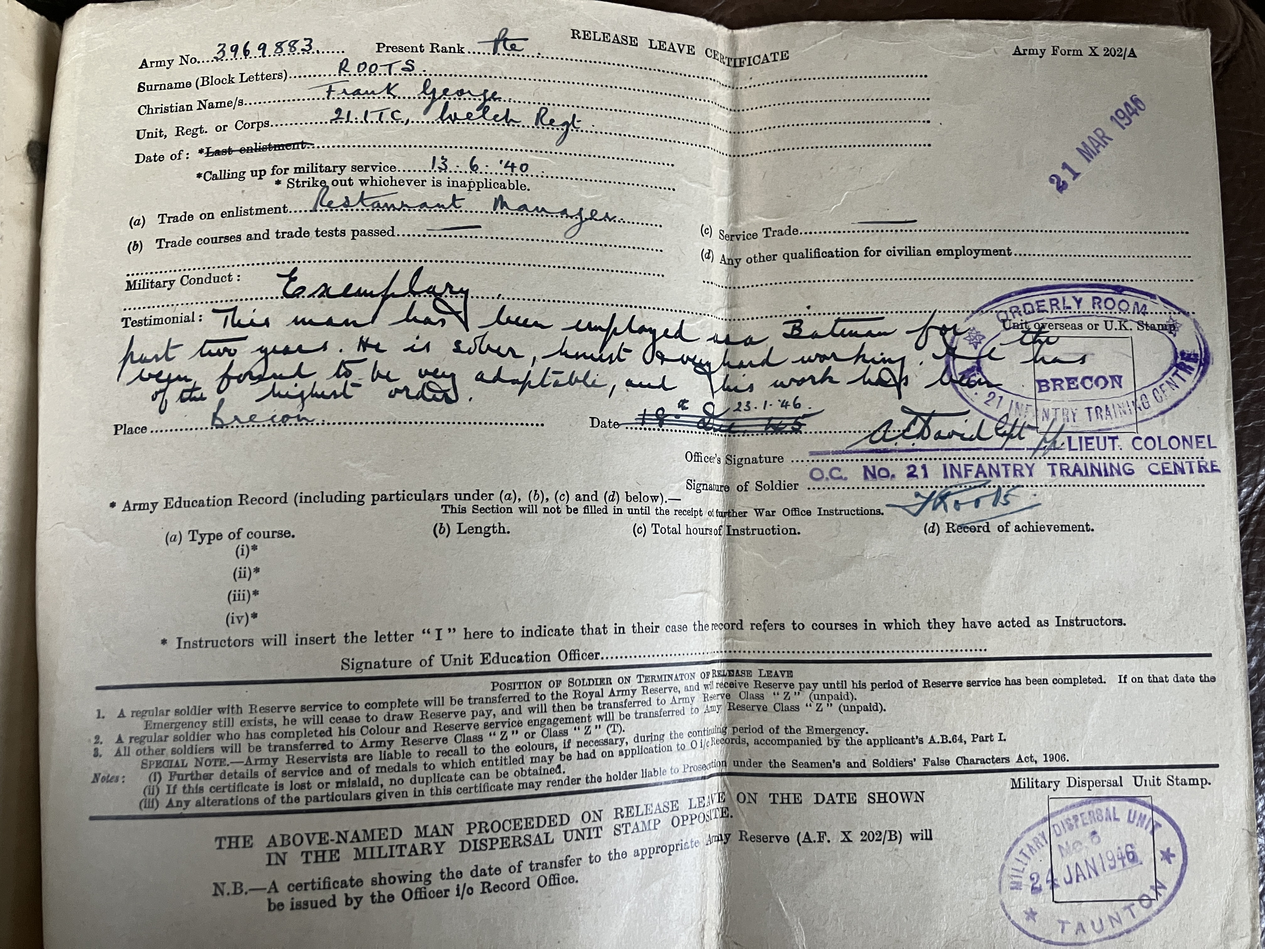Frank George Roots army release certificate (from M Marciano)