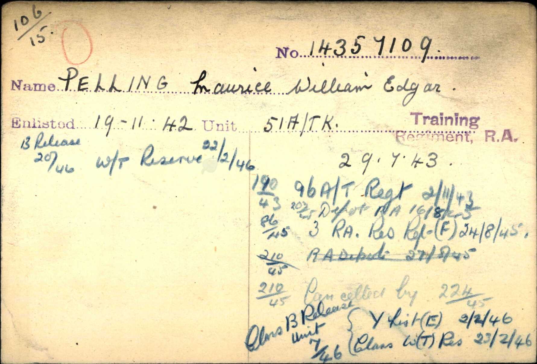 Maurice William Edgar Pelling Artillery Record